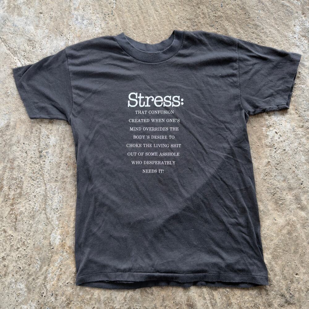 Vintage 90s Stress Shirt Humor Parody Funny Comedy Men's Medium Made USA Black